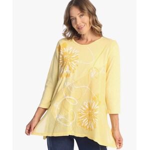 Jess & Jane Medium Carmen Tunic Top  Yellow NWT Floral 3/4 Sleeve Cotton